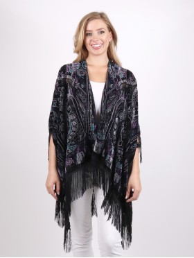 Velvet Paisley Print Cape W/ Fringes